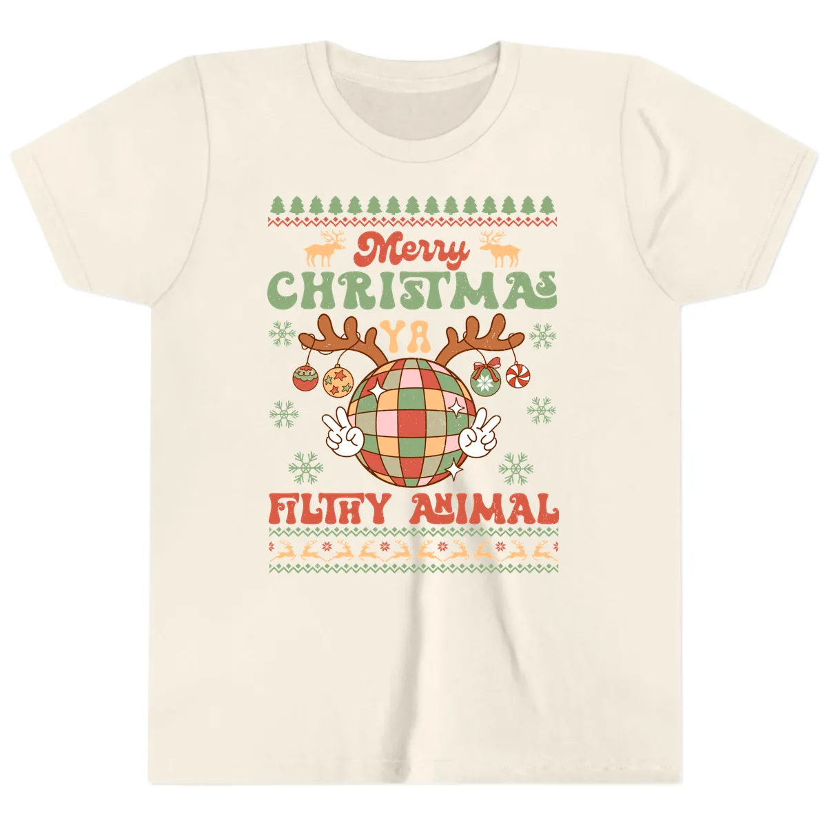 Merry Christmas Ya Filthy Animal Disco Ball Youth T-Shirt in Natural