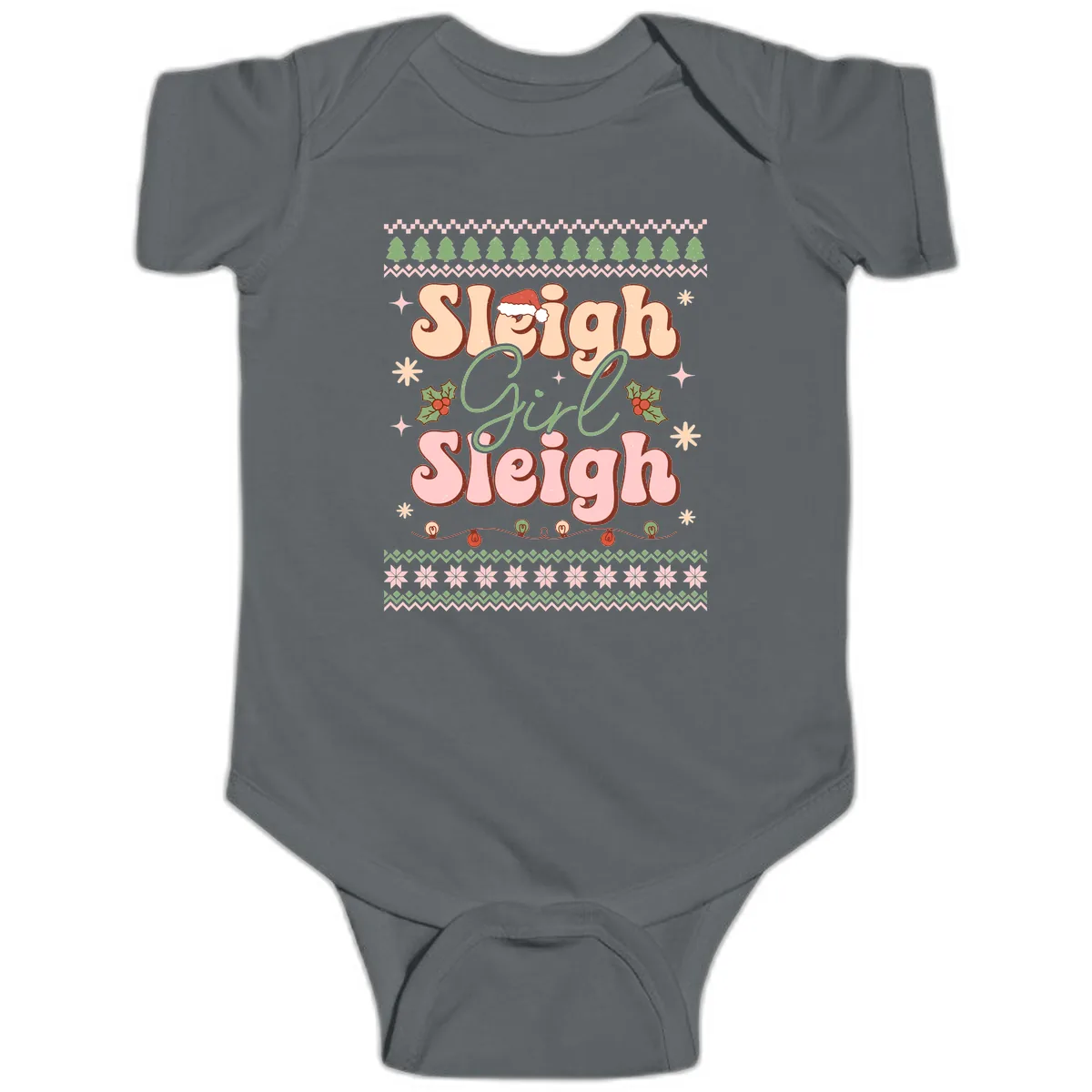 Sleigh Girl Sleigh Christmas Apparel Baby Onesie in Charcoal