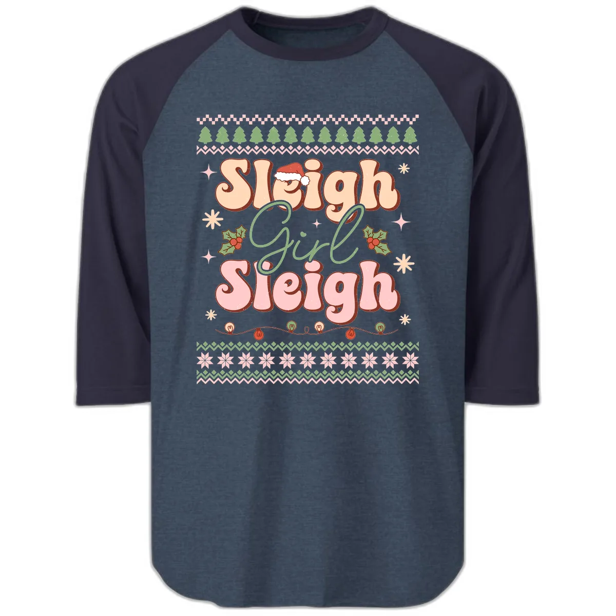 Sleigh Girl Sleigh Christmas Apparel Raglan 3/4 in Heather Denim Navy