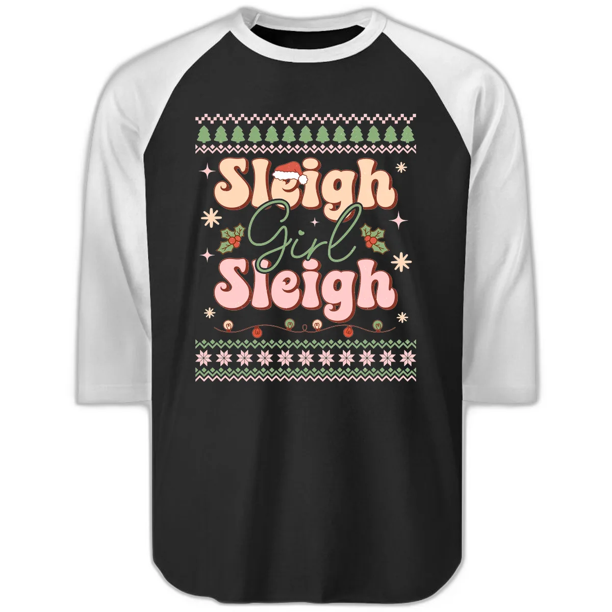 Sleigh Girl Sleigh Christmas Apparel Raglan 3/4 in Black White