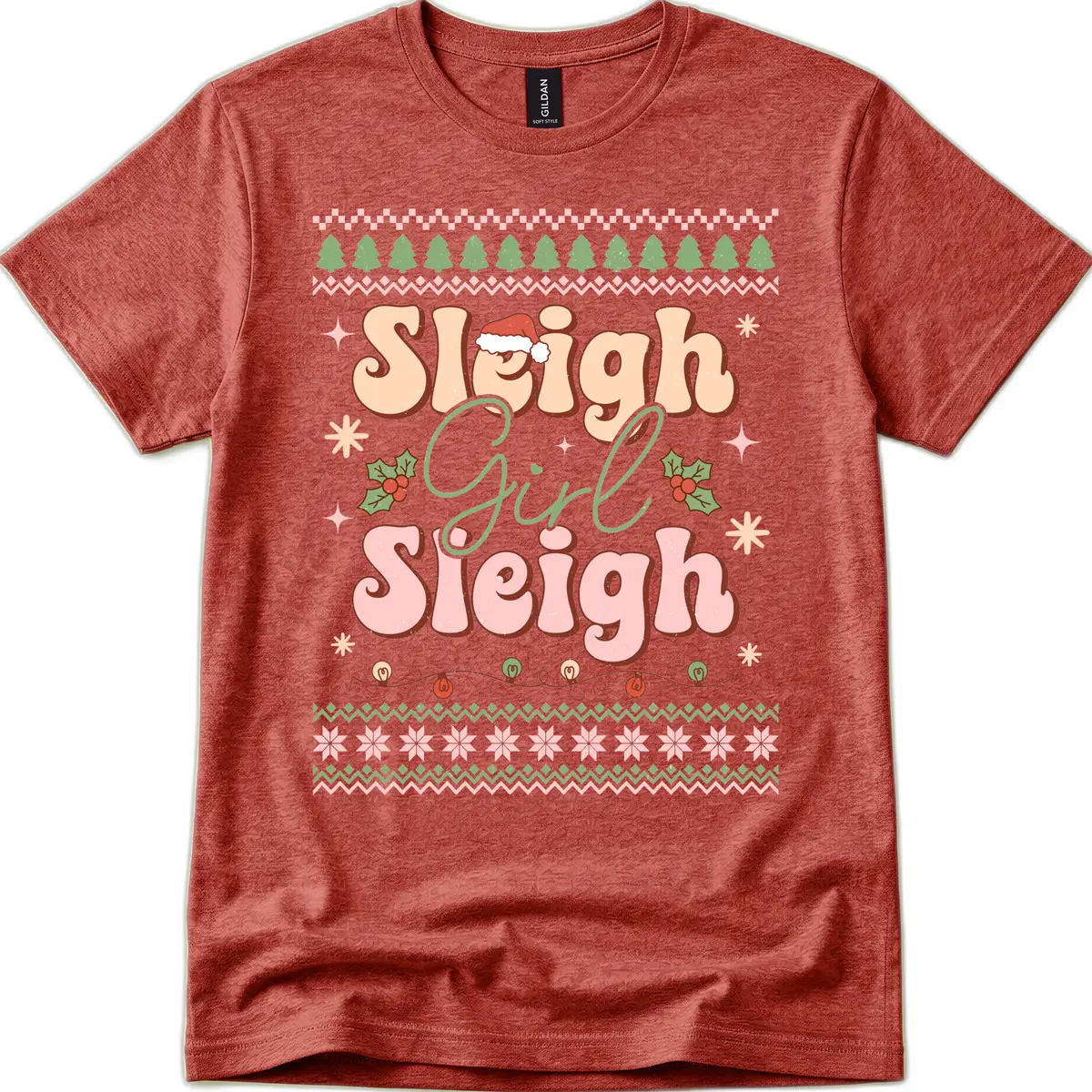 Sleigh Girl Sleigh Christmas Apparel T-Shirt in Heather Cardinal