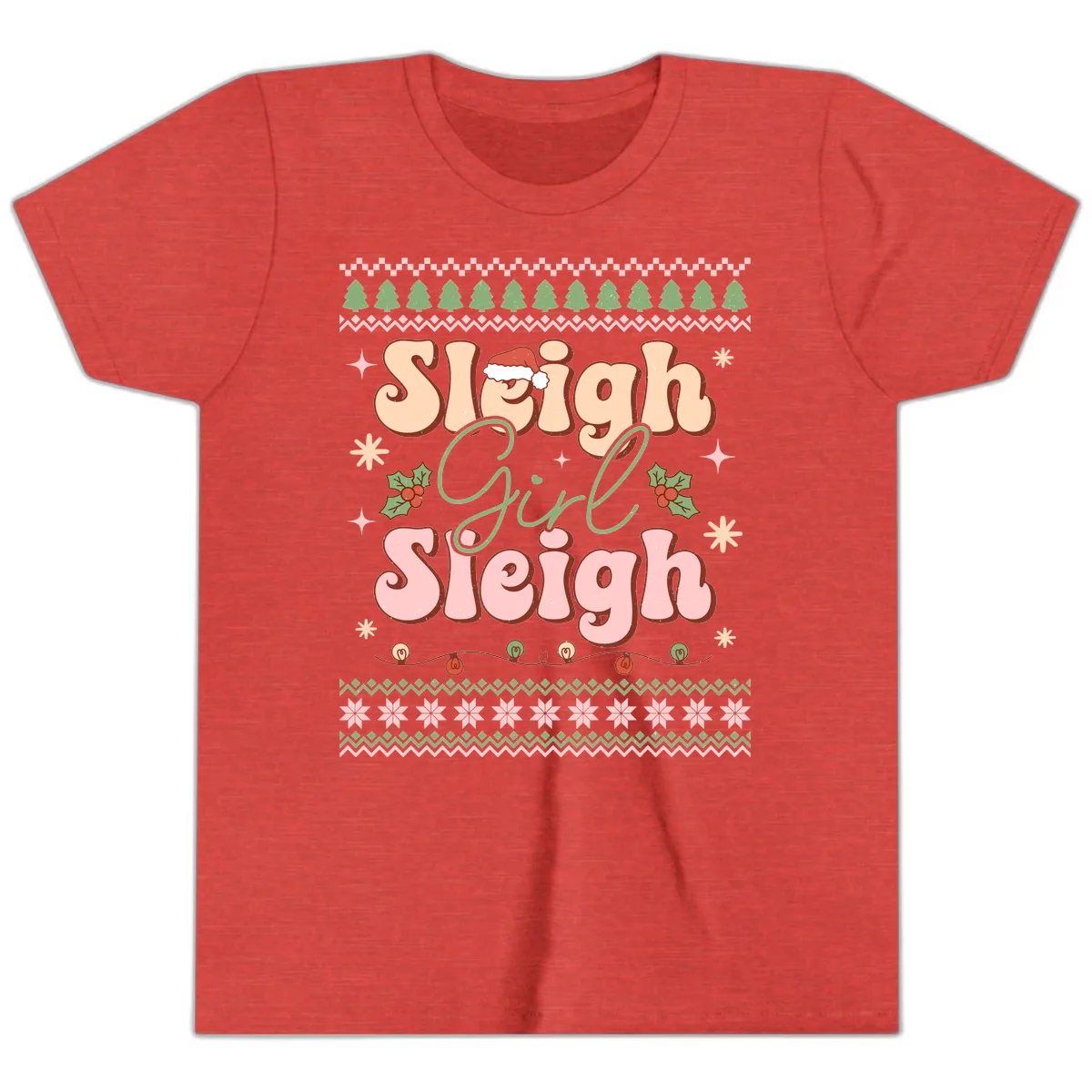 Sleigh Girl Sleigh Christmas Apparel Youth T-Shirt in Heather Red