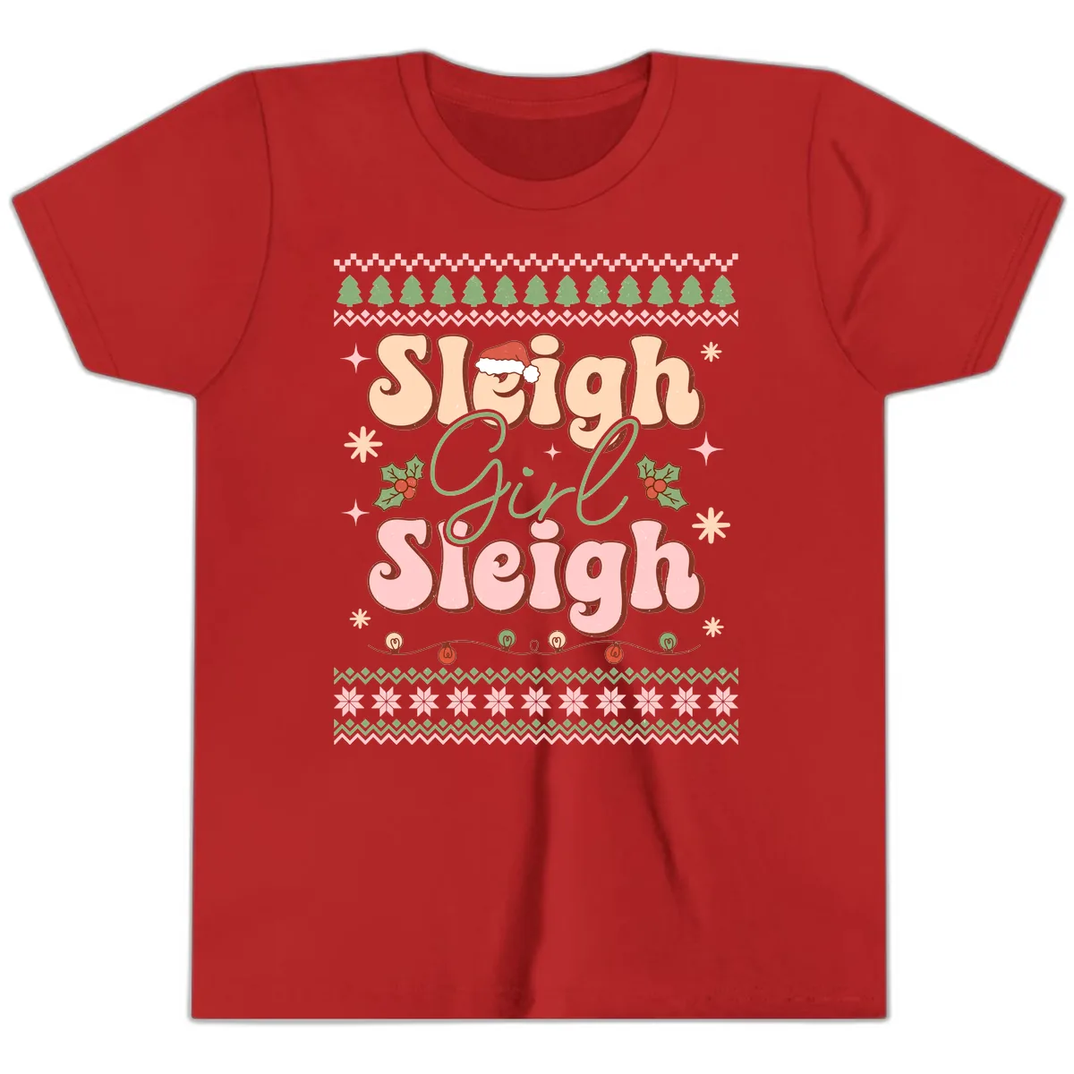 Sleigh Girl Sleigh Christmas Apparel Youth T-Shirt in Red