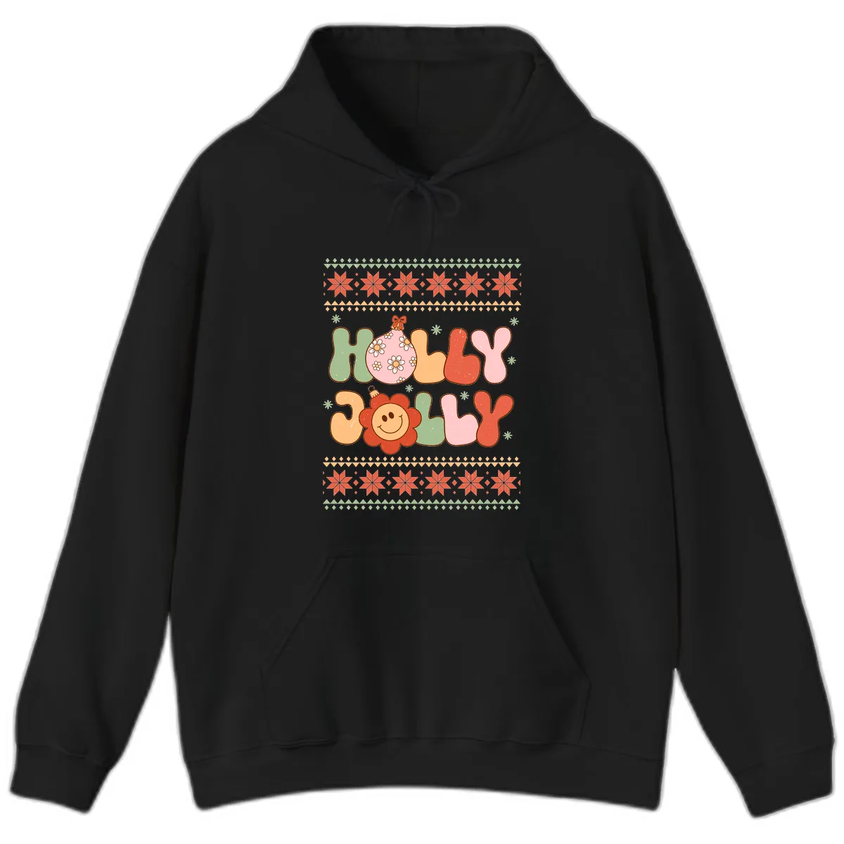 Retro Holly Jolly Christmas Design Hoodie in Black