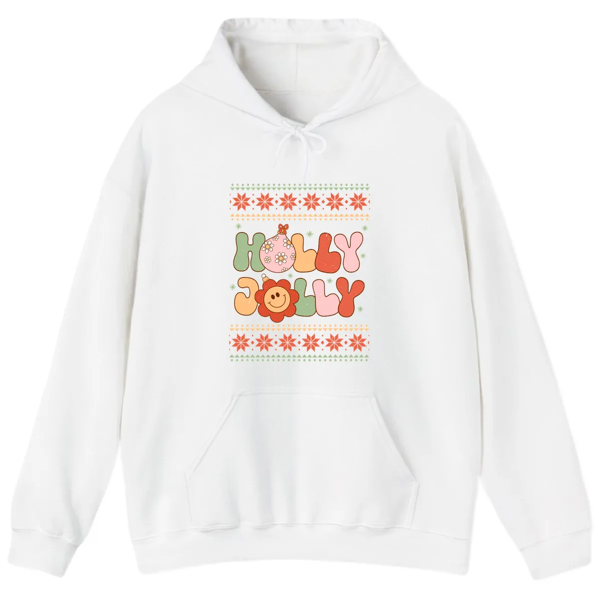 Retro Holly Jolly Christmas Design Hoodie in White
