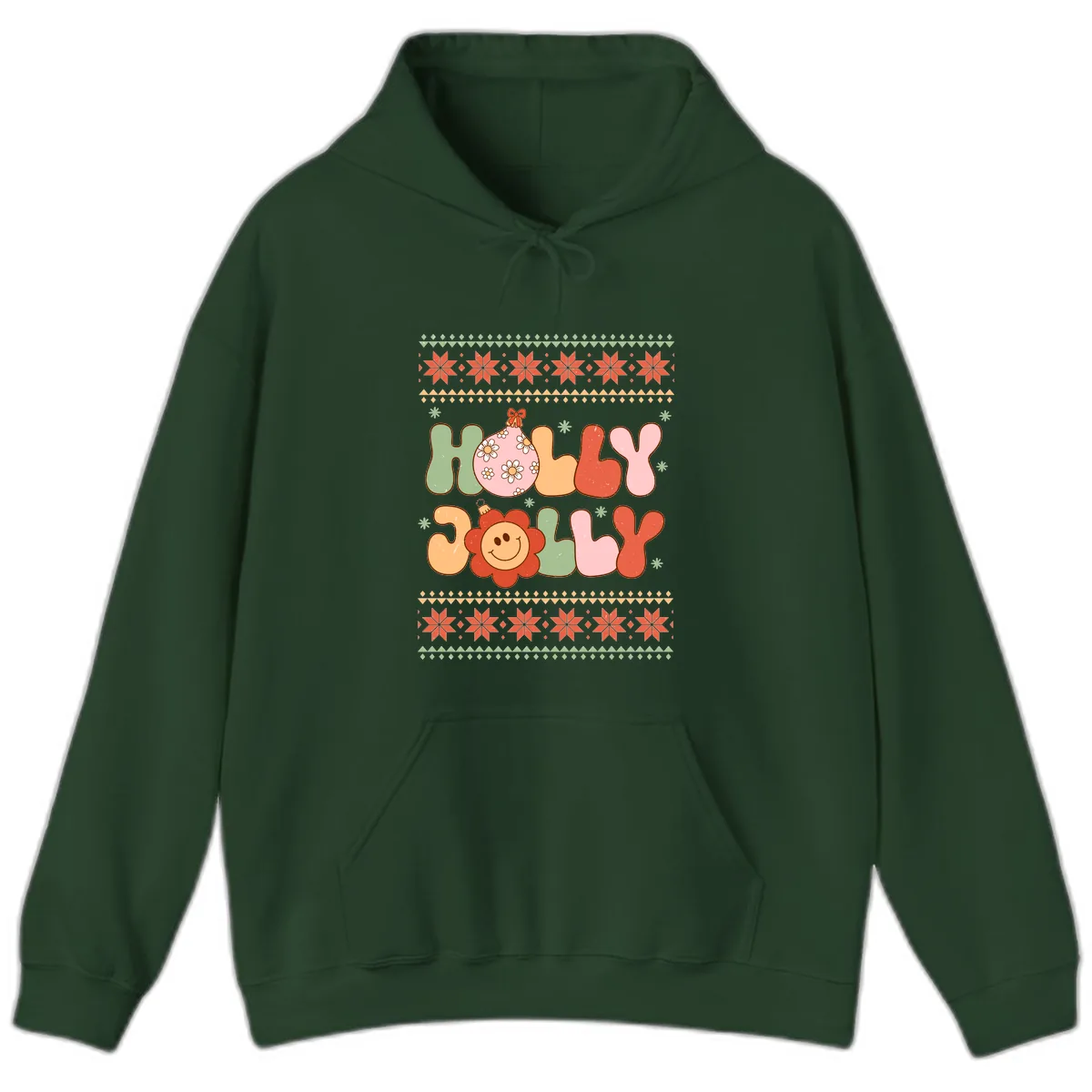 Retro Holly Jolly Christmas Design Hoodie in Forest Green