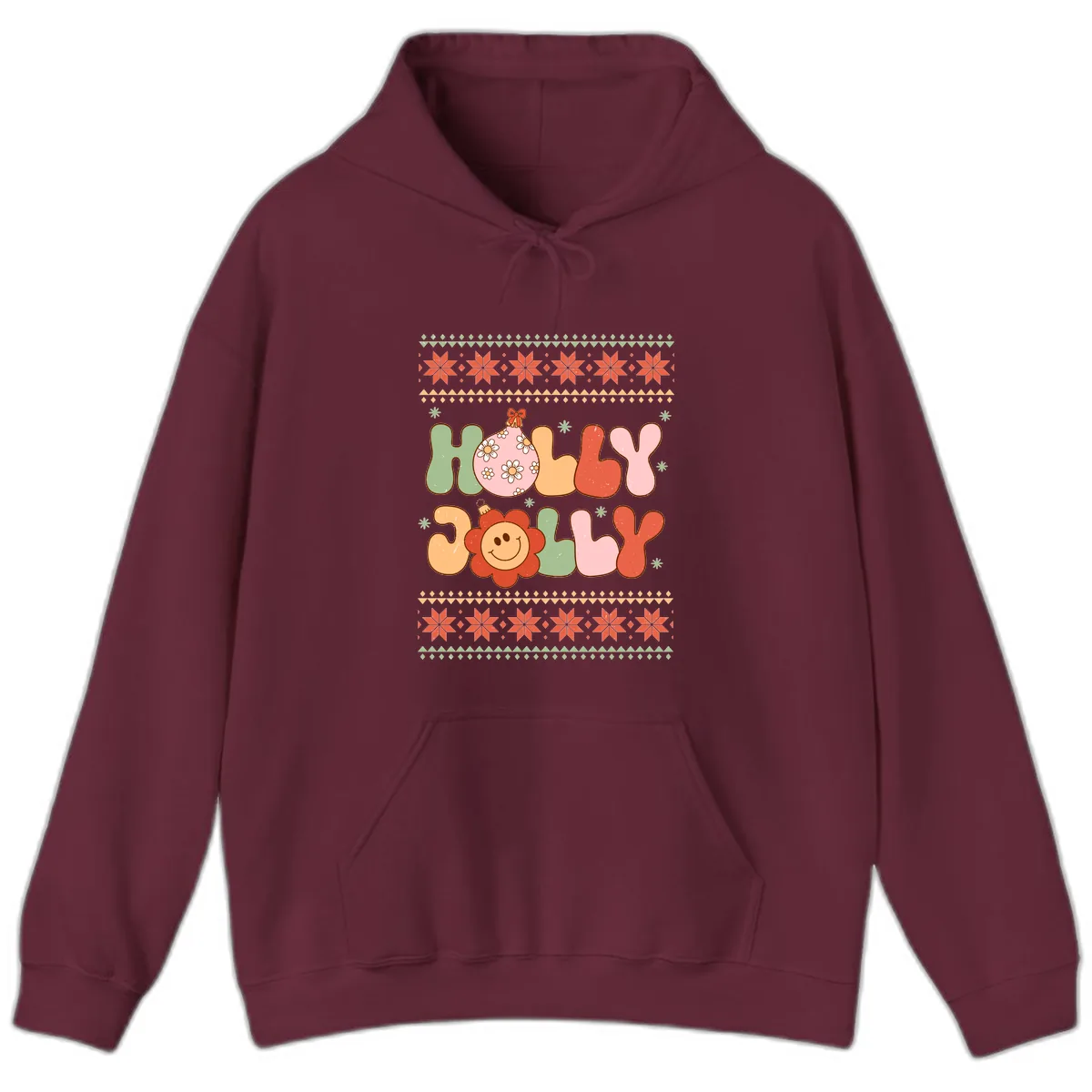 Retro Holly Jolly Christmas Design Hoodie in Maroon