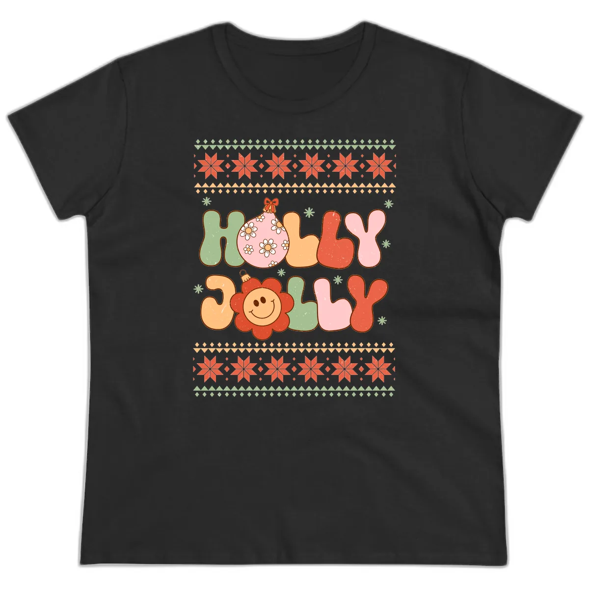 Retro Holly Jolly Christmas Design Ladies Tee in Black