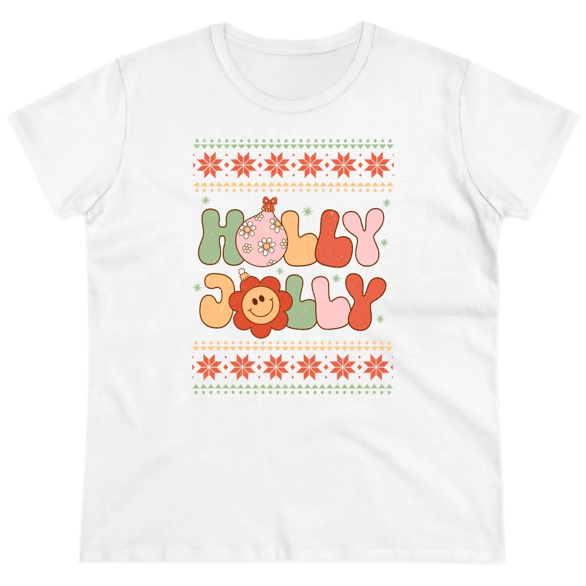 Retro Holly Jolly Christmas Design Ladies Tee in White