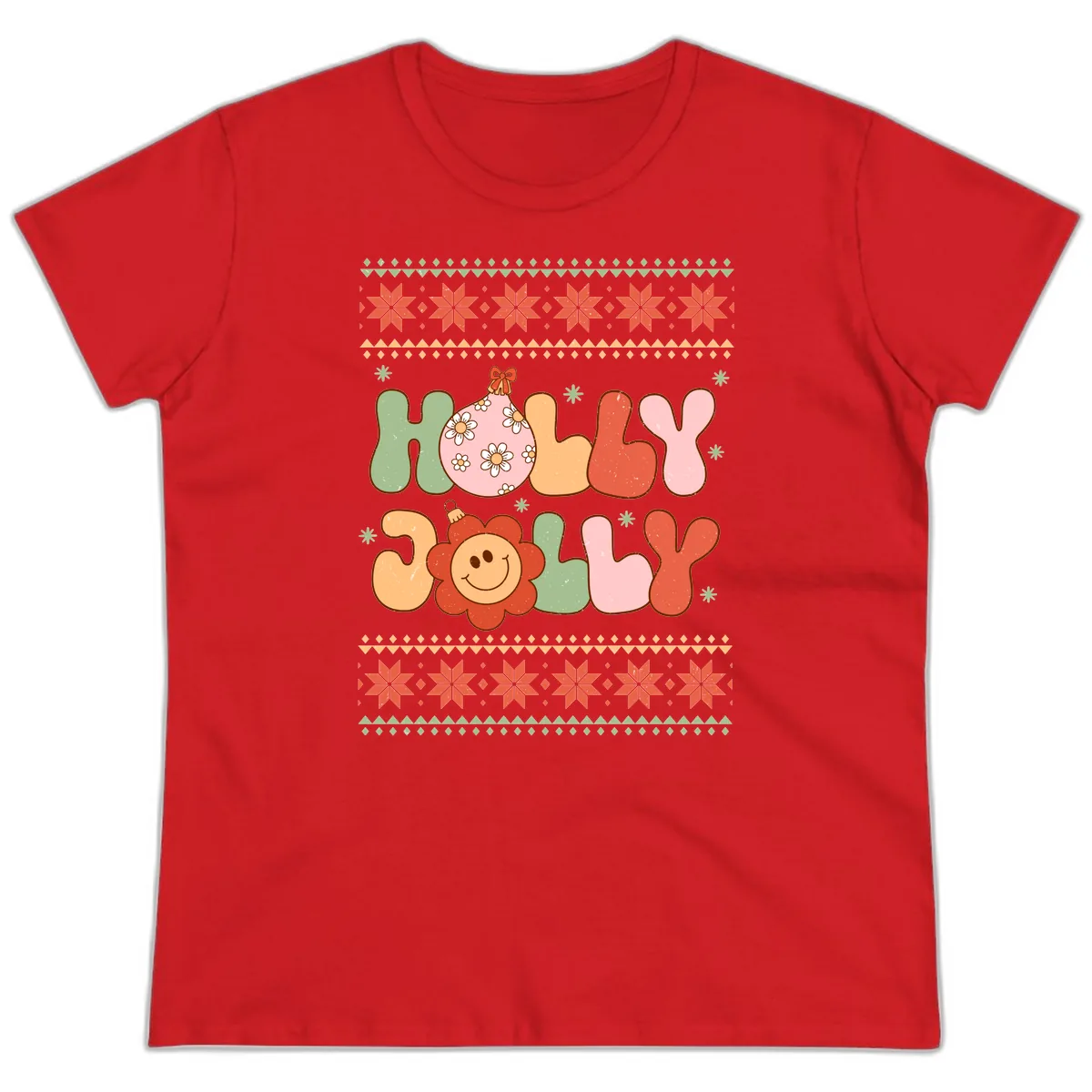 Retro Holly Jolly Christmas Design Ladies Tee in Red