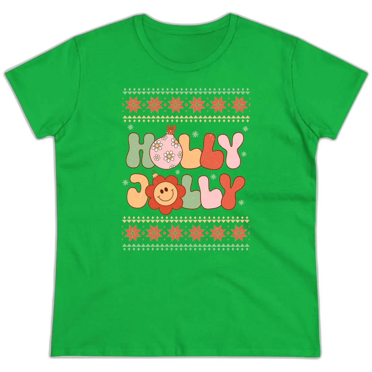 Retro Holly Jolly Christmas Design Ladies Tee in Irish Green