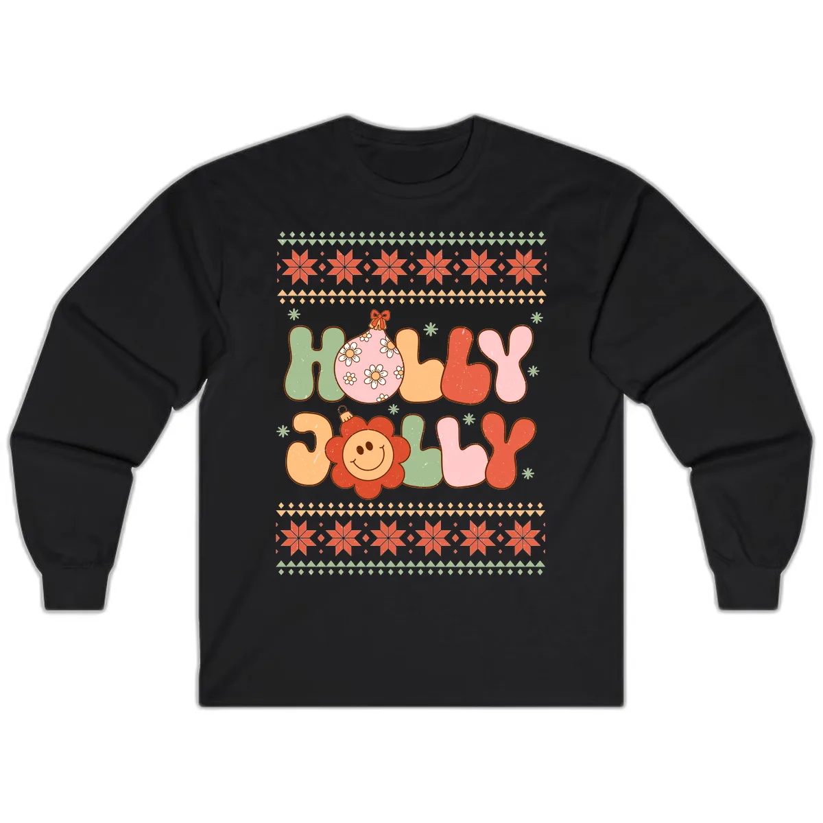 Retro Holly Jolly Christmas Design Long Sleeve in Black
