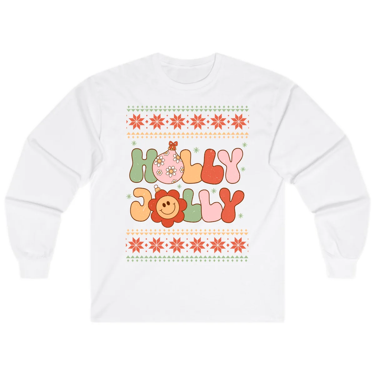 Retro Holly Jolly Christmas Design Long Sleeve in White