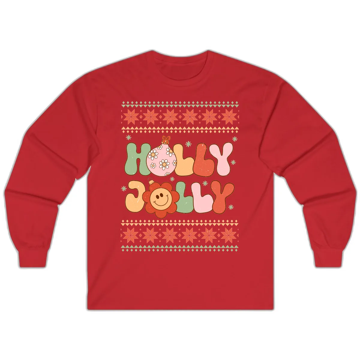 Retro Holly Jolly Christmas Design Long Sleeve in Red