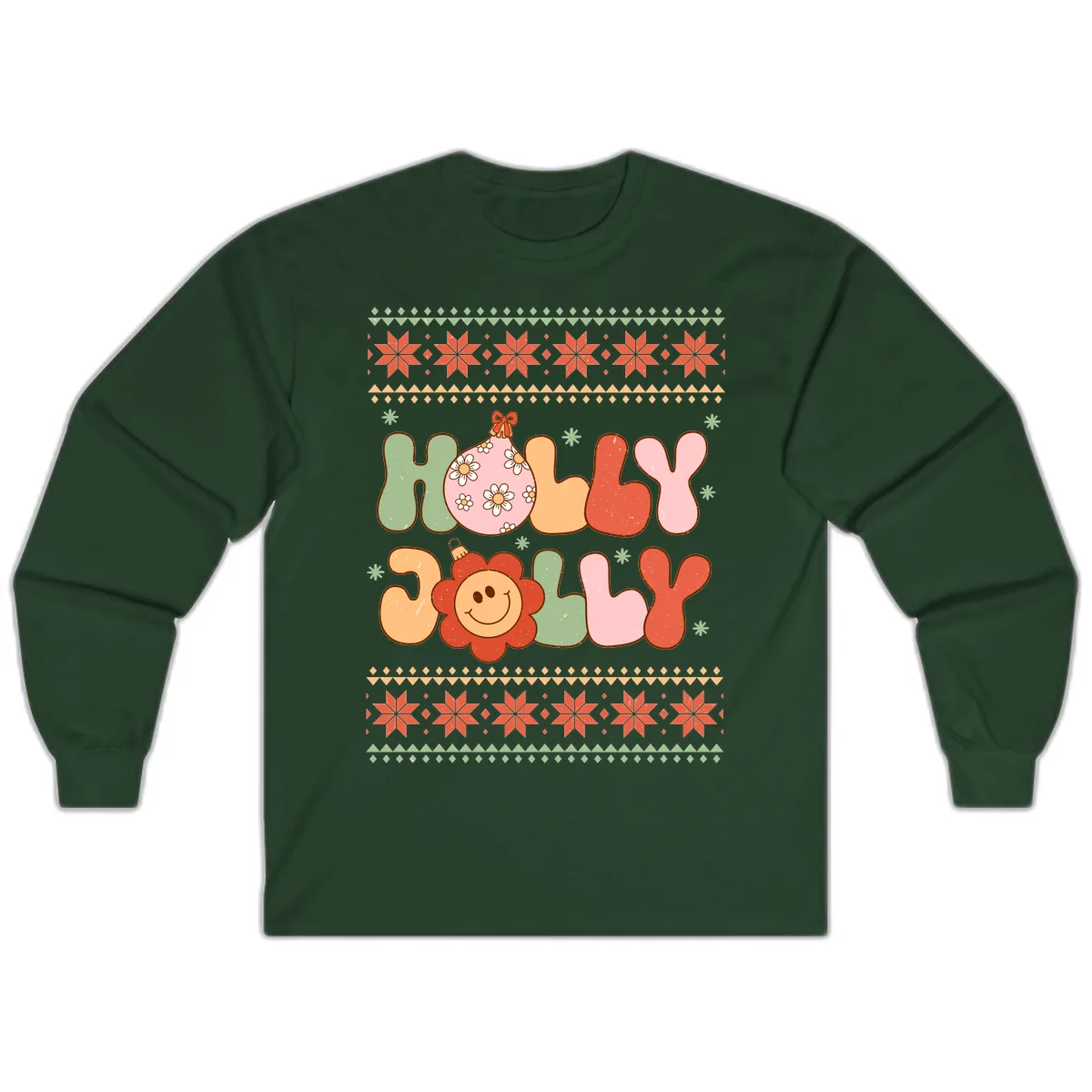 Retro Holly Jolly Christmas Design Long Sleeve in Forest Green