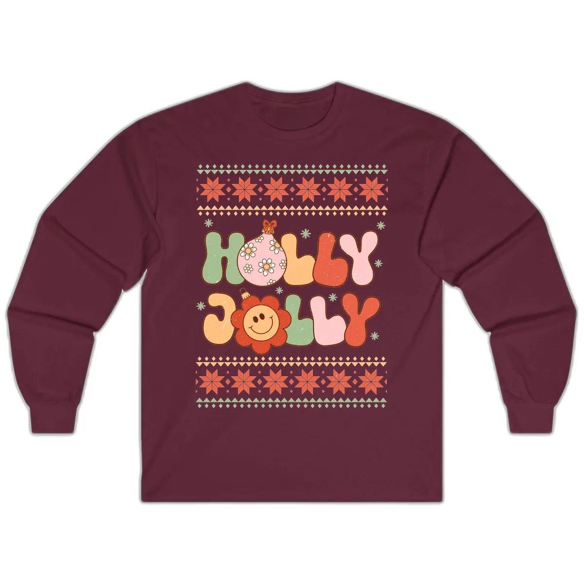 Retro Holly Jolly Christmas Design Long Sleeve in Maroon