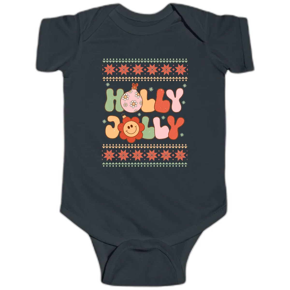 Retro Holly Jolly Christmas Design Baby Onesie in Black