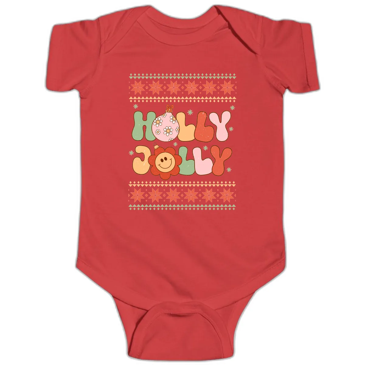 Retro Holly Jolly Christmas Design Baby Onesie in Red
