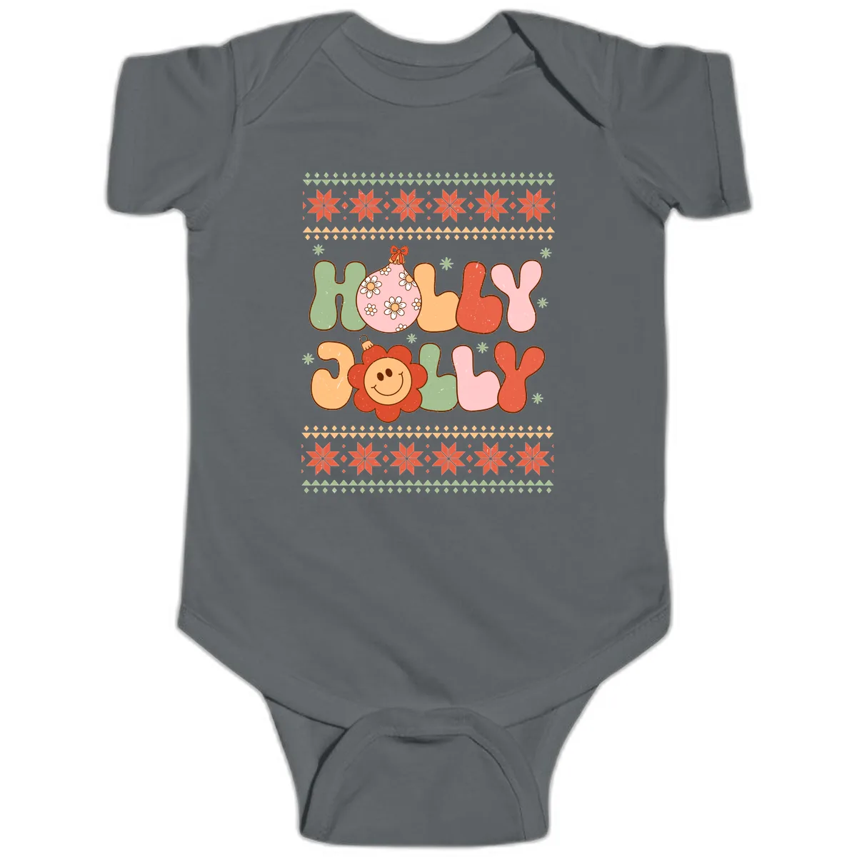 Retro Holly Jolly Christmas Design Baby Onesie in Charcoal