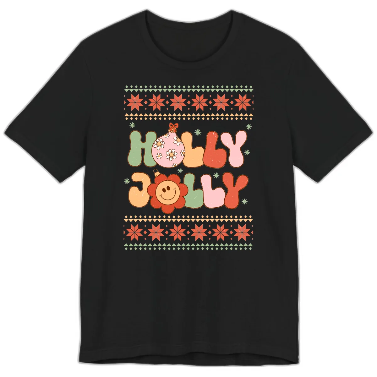 Retro Holly Jolly Christmas Design Premium T-Shirt in Black
