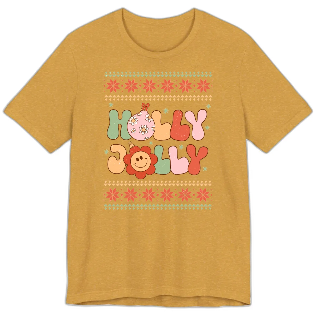 Retro Holly Jolly Christmas Design Premium T-Shirt in Heather Mustard