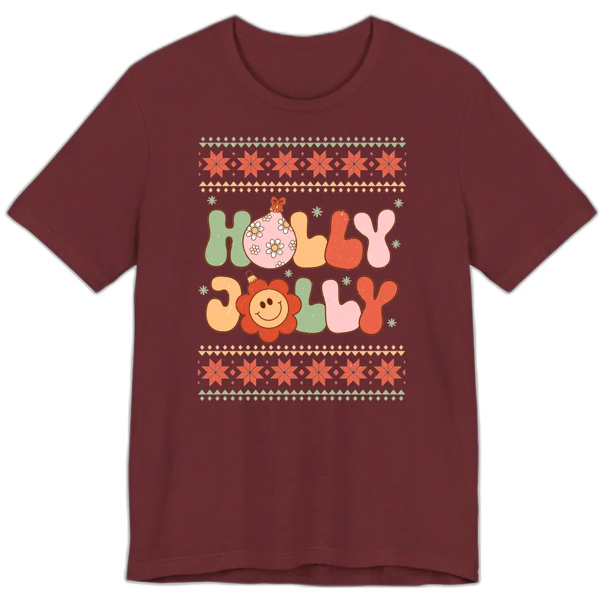 Retro Holly Jolly Christmas Design Premium T-Shirt in Heather Cardinal