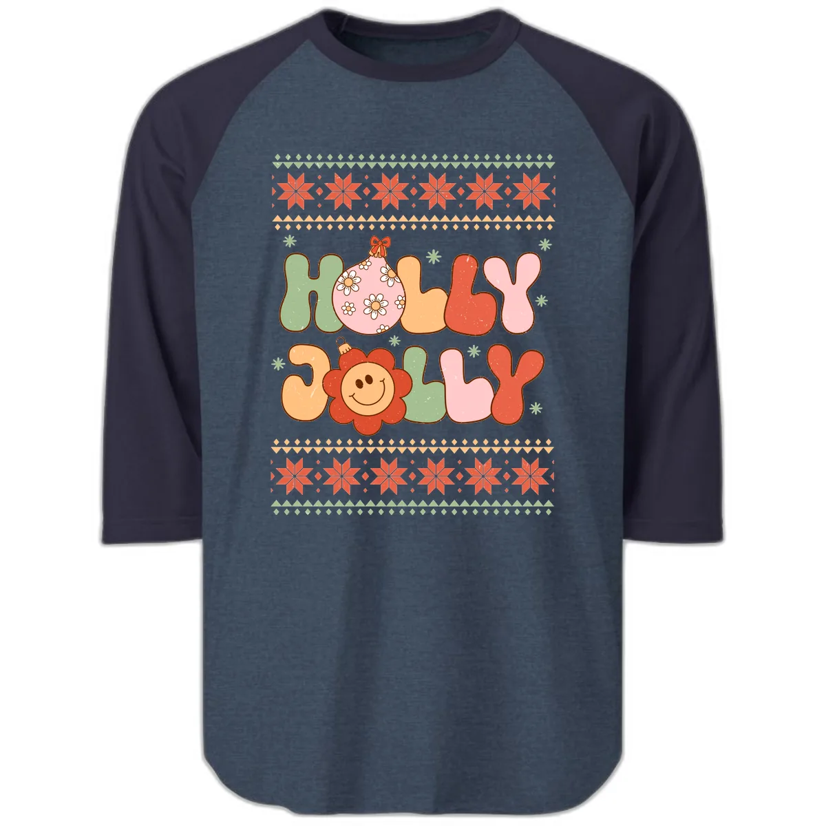Retro Holly Jolly Christmas Design Raglan 3/4 in Heather Denim Navy