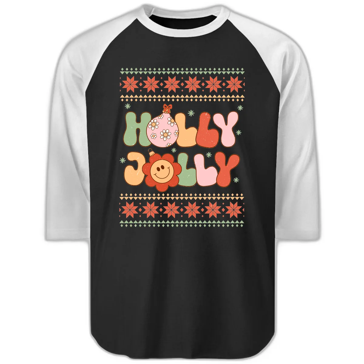 Retro Holly Jolly Christmas Design Raglan 3/4 in Black White