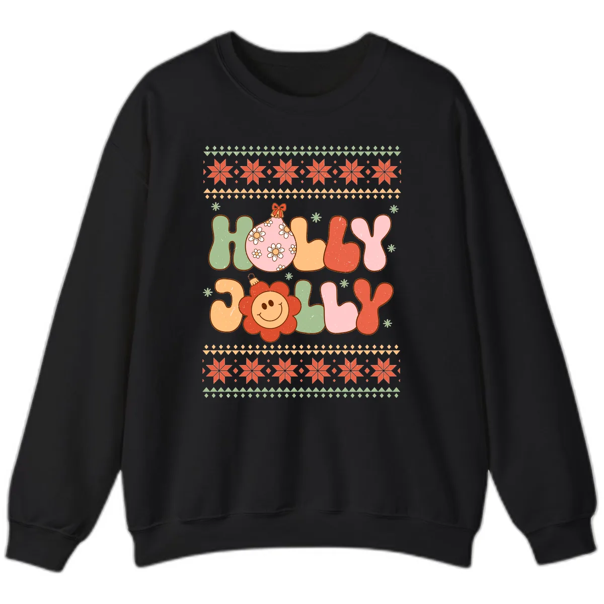 Retro Holly Jolly Christmas Design Sweatshirt in Black
