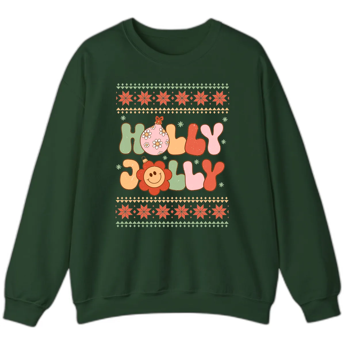 Retro Holly Jolly Christmas Design Sweatshirt in Forest Green