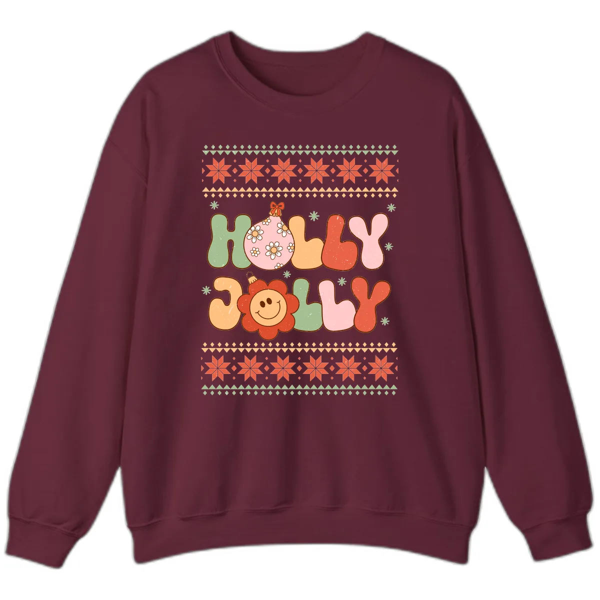 Retro Holly Jolly Christmas Design Sweatshirt in Maroon