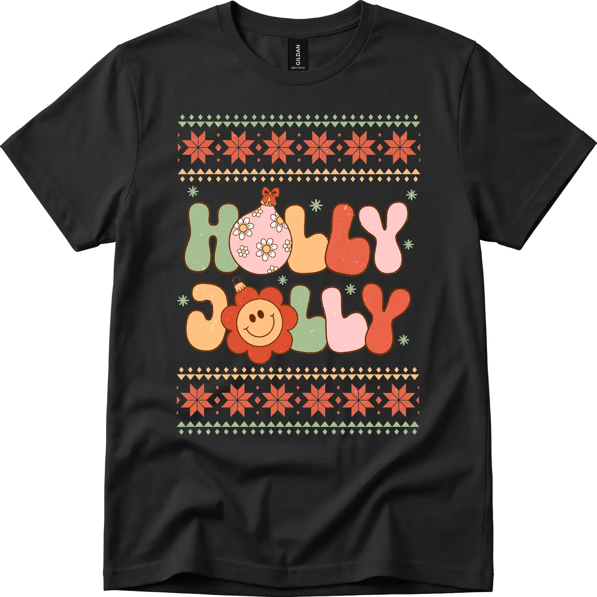 Retro Holly Jolly Christmas Design T-Shirt in Black