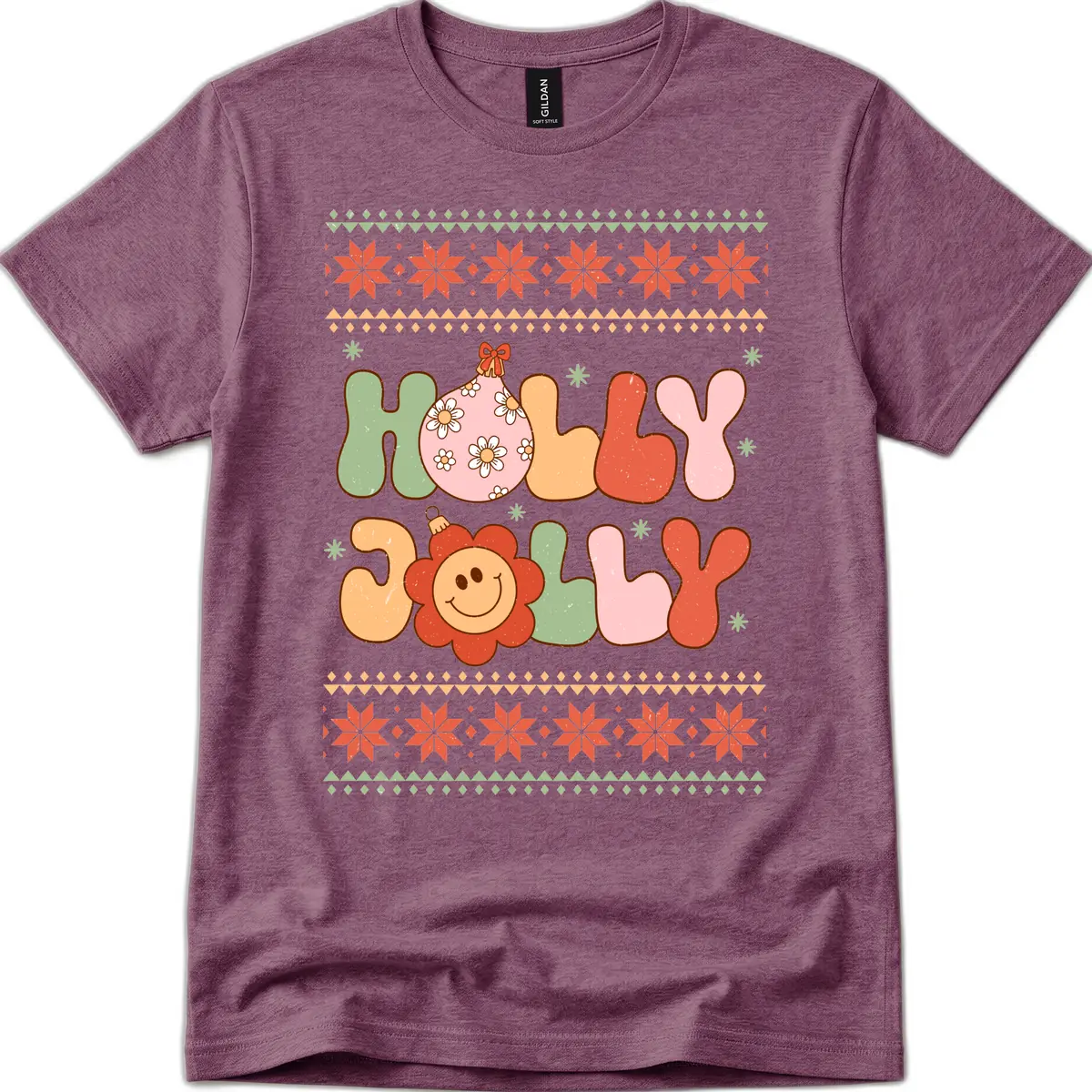 Retro Holly Jolly Christmas Design T-Shirt in Heather Maroon