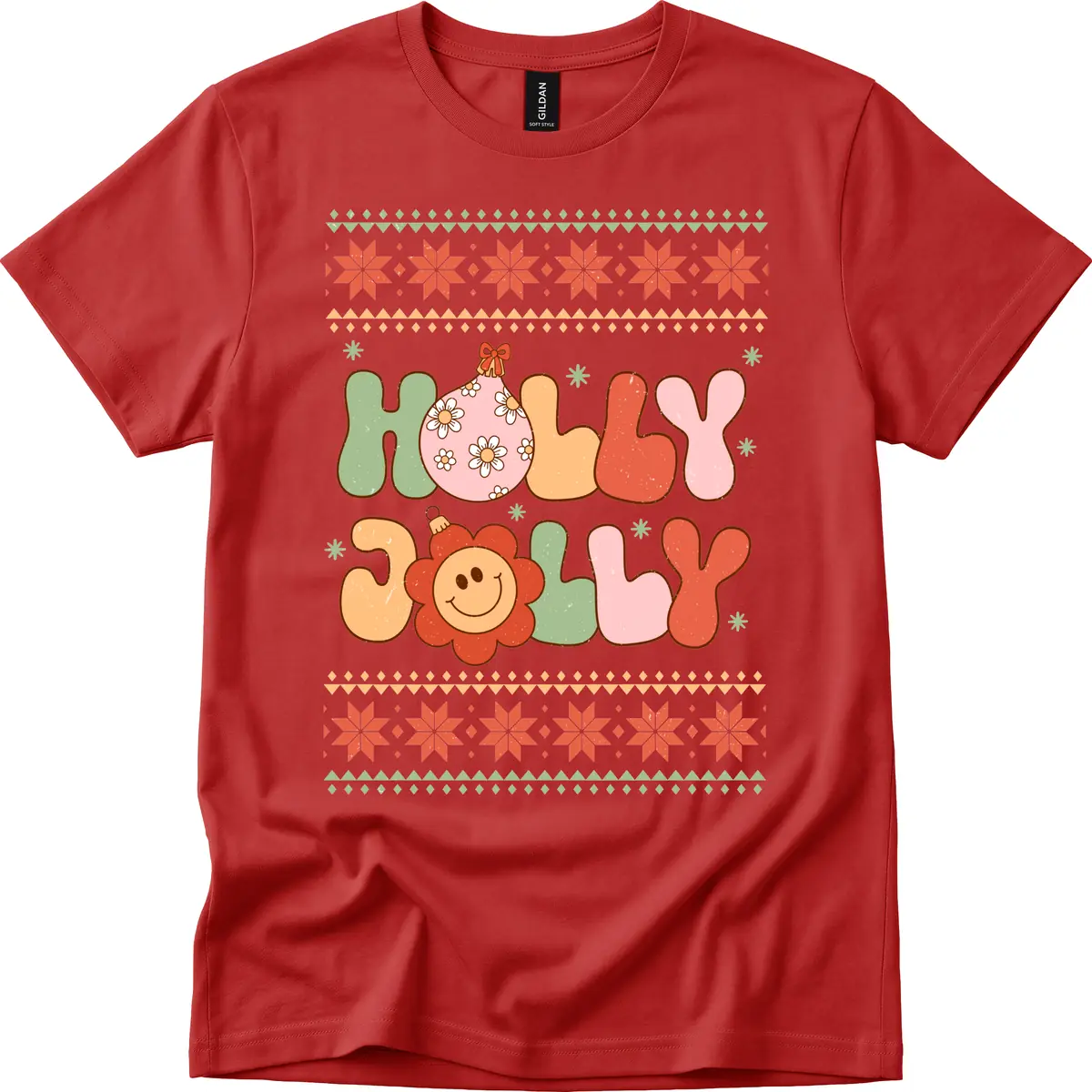 Retro Holly Jolly Christmas Design T-Shirt in Red