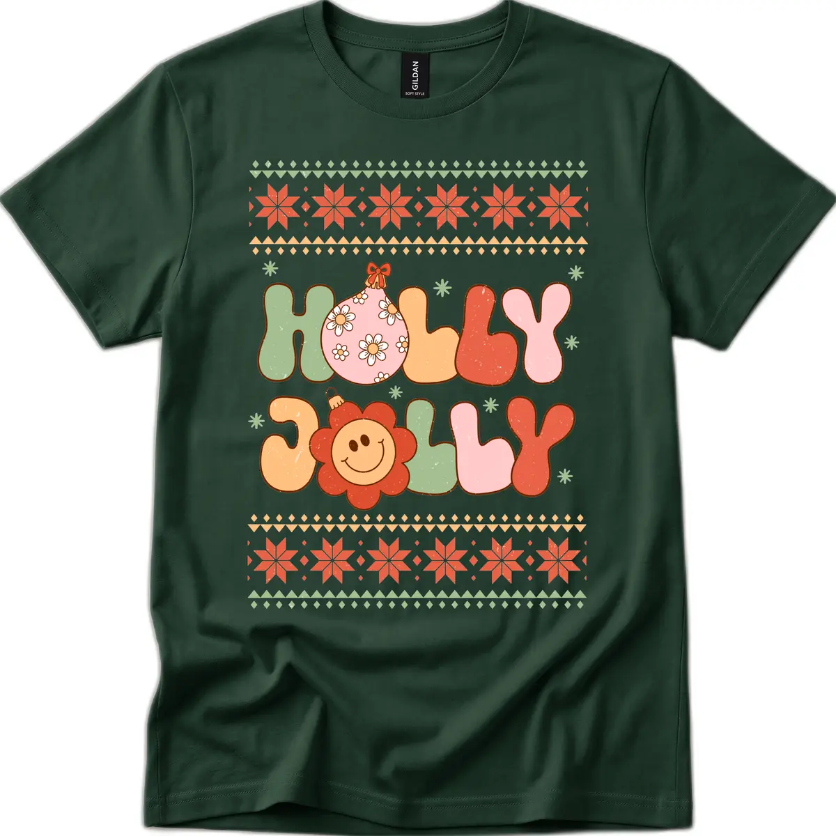 Retro Holly Jolly Christmas Design T-Shirt in Forest Green