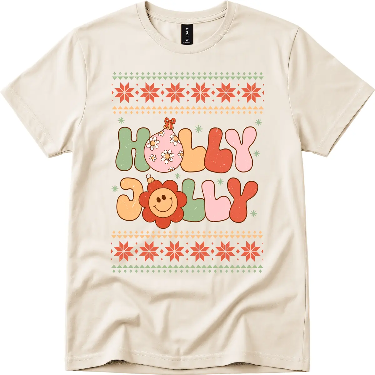 Retro Holly Jolly Christmas Design T-Shirt in Natural