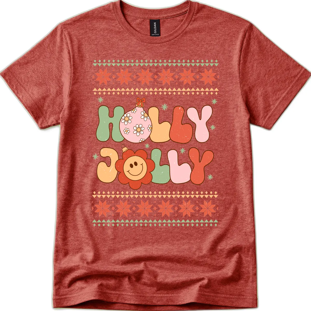 Retro Holly Jolly Christmas Design T-Shirt in Heather Cardinal