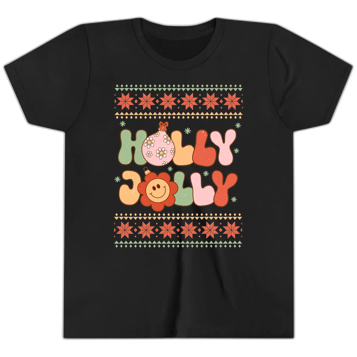 Retro Holly Jolly Christmas Design Youth T-Shirt in Black