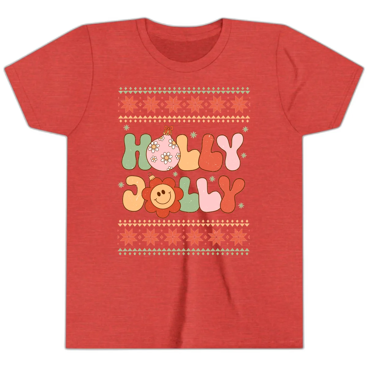 Retro Holly Jolly Christmas Design Youth T-Shirt in Heather Red