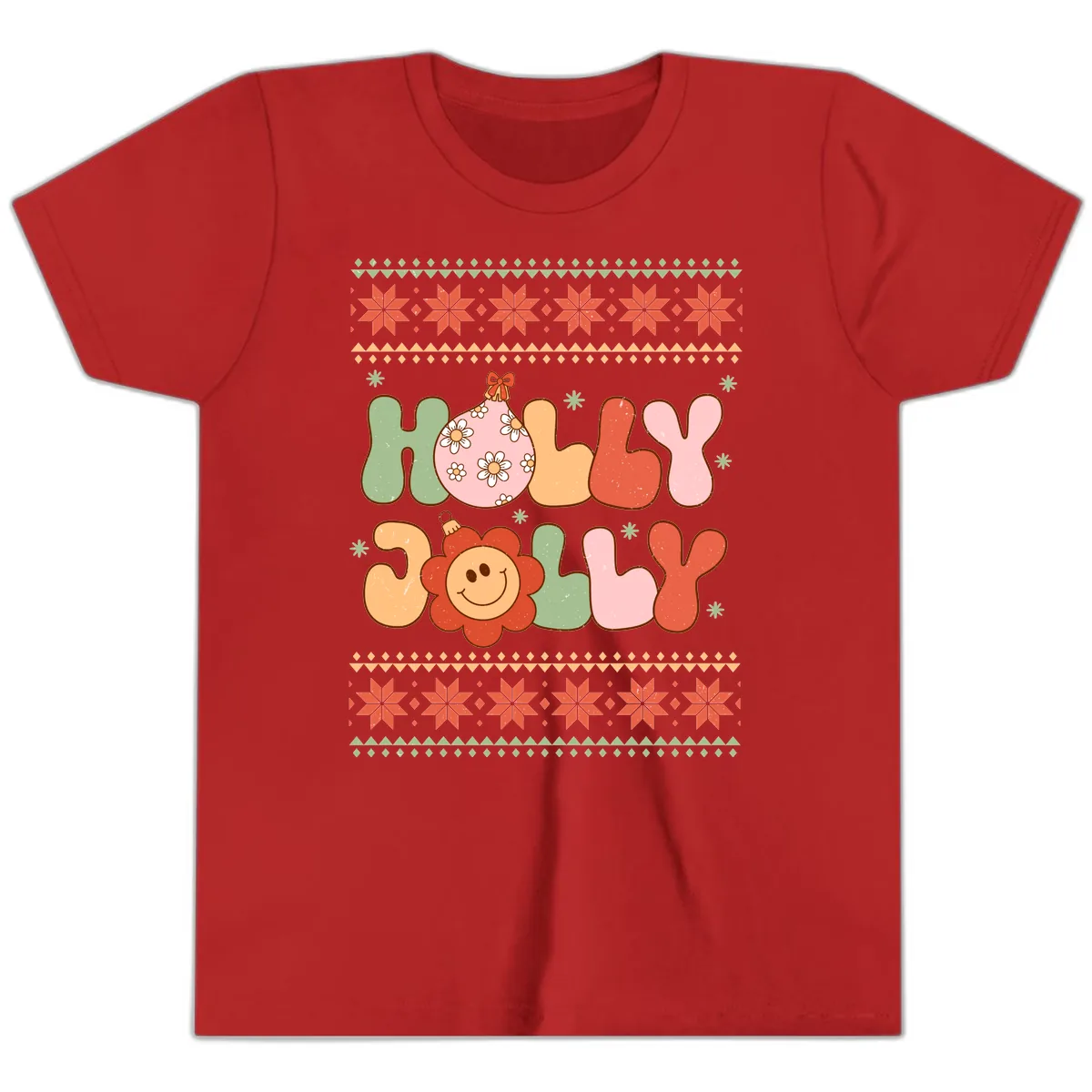 Retro Holly Jolly Christmas Design Youth T-Shirt in Red