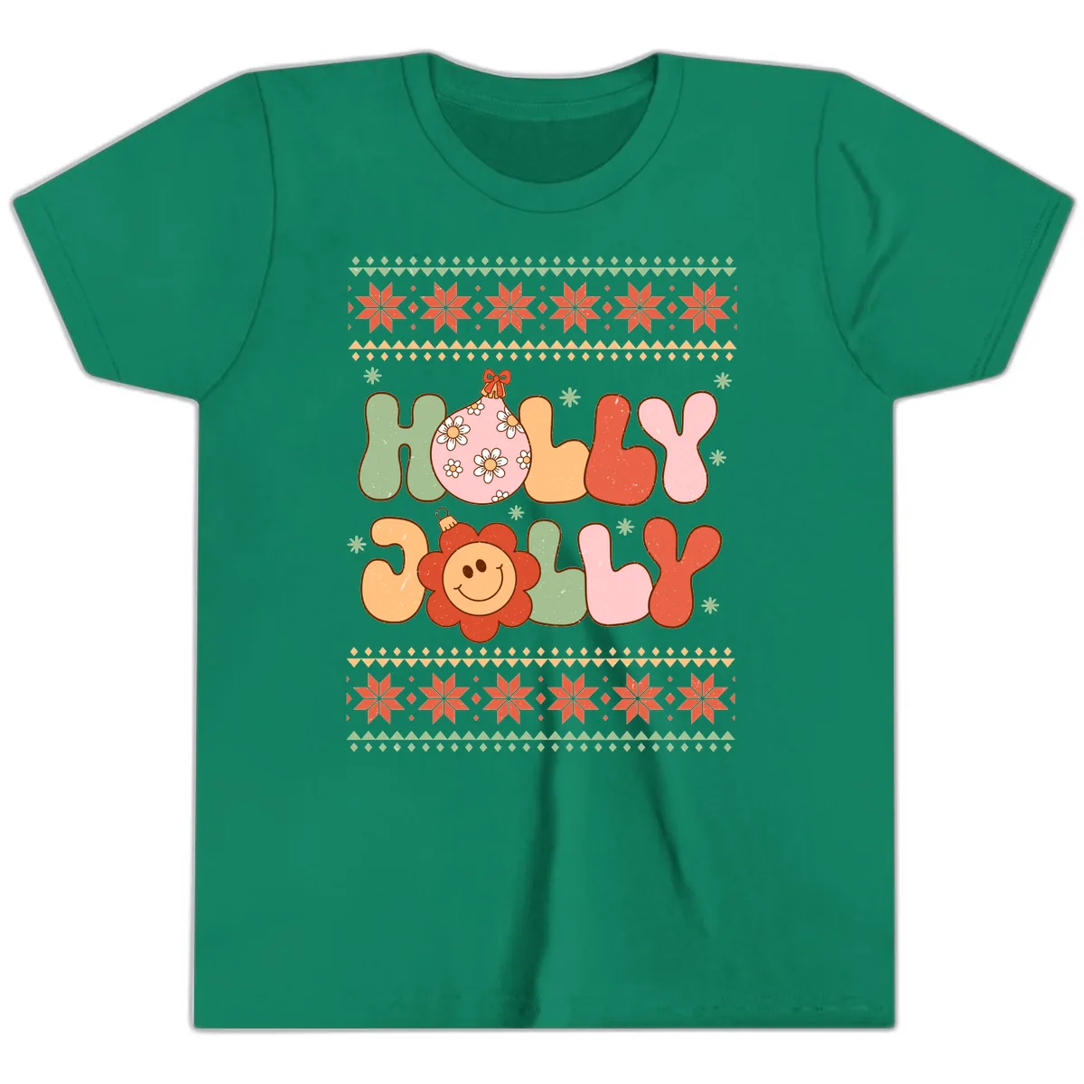 Retro Holly Jolly Christmas Design Youth T-Shirt in Kelly