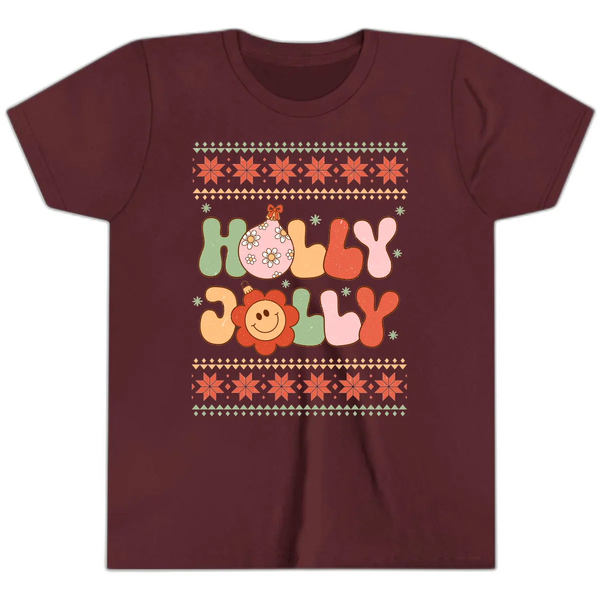 Retro Holly Jolly Christmas Design Youth T-Shirt in Maroon