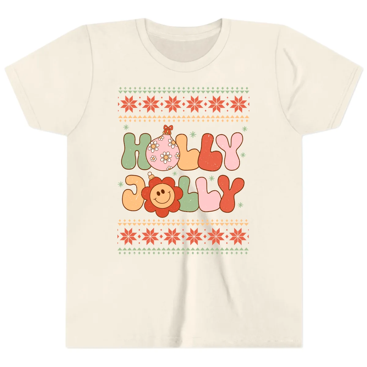 Retro Holly Jolly Christmas Design Youth T-Shirt in Natural