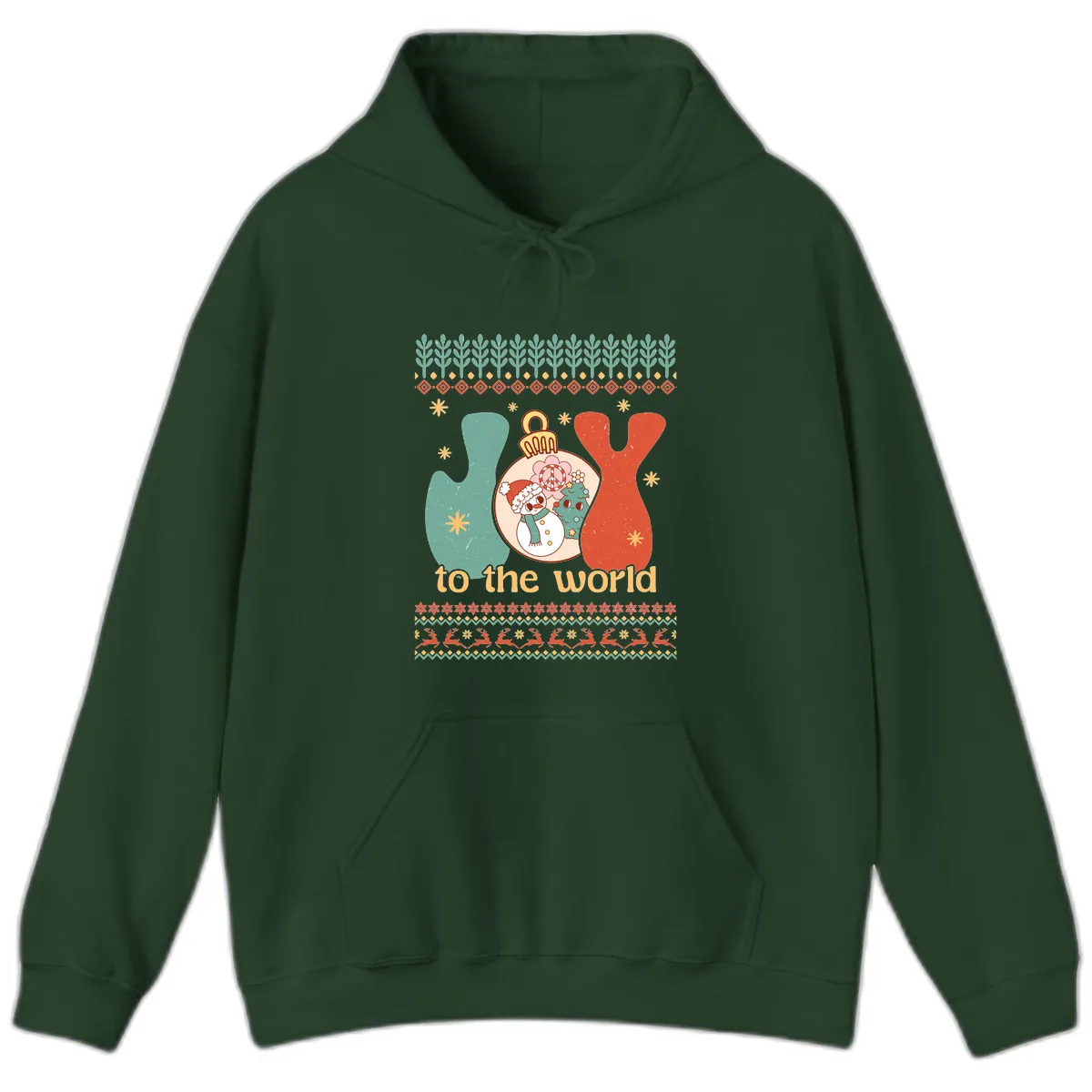 Retro Joy To The World Holiday Hoodie in Forest Green