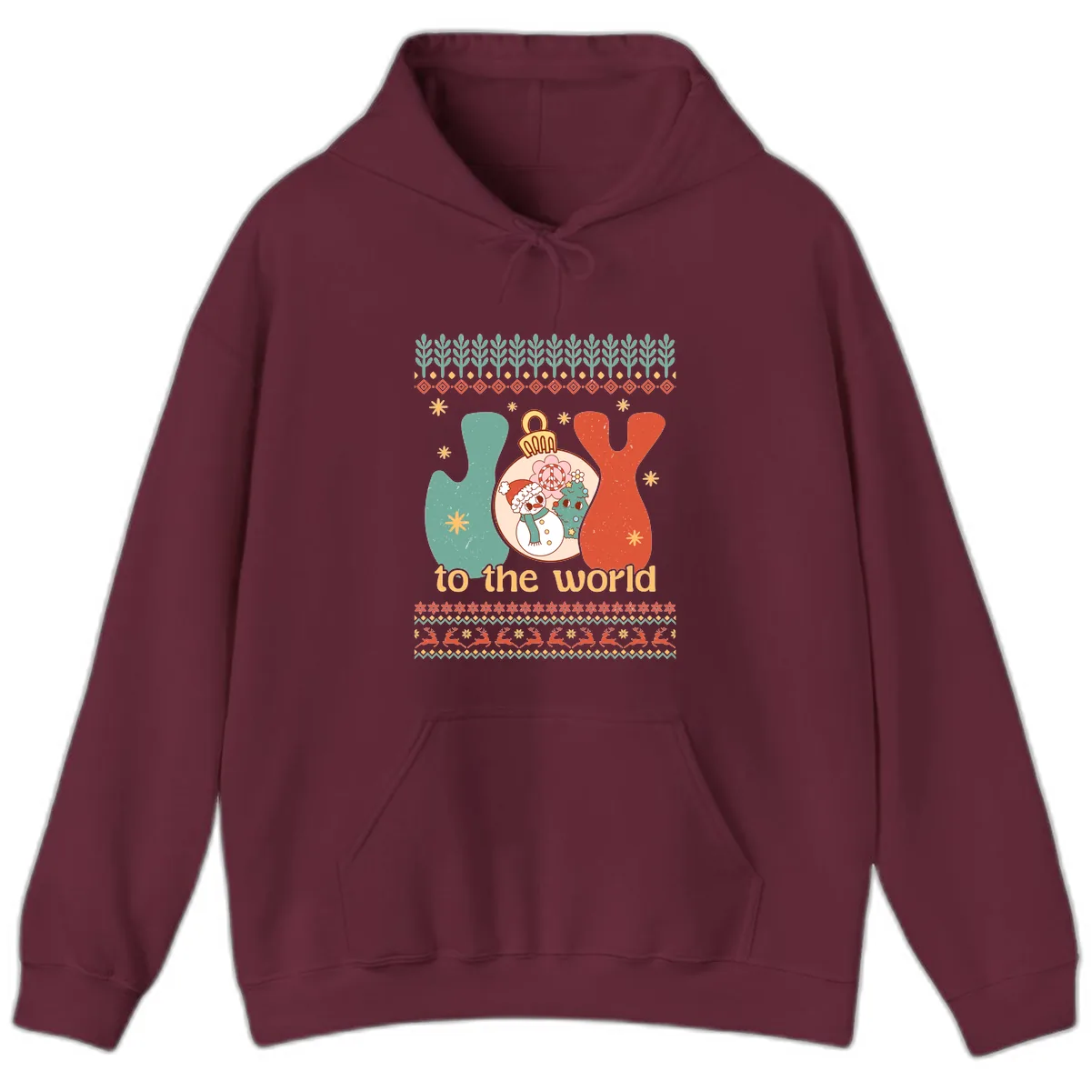 Retro Joy To The World Holiday Hoodie in Maroon