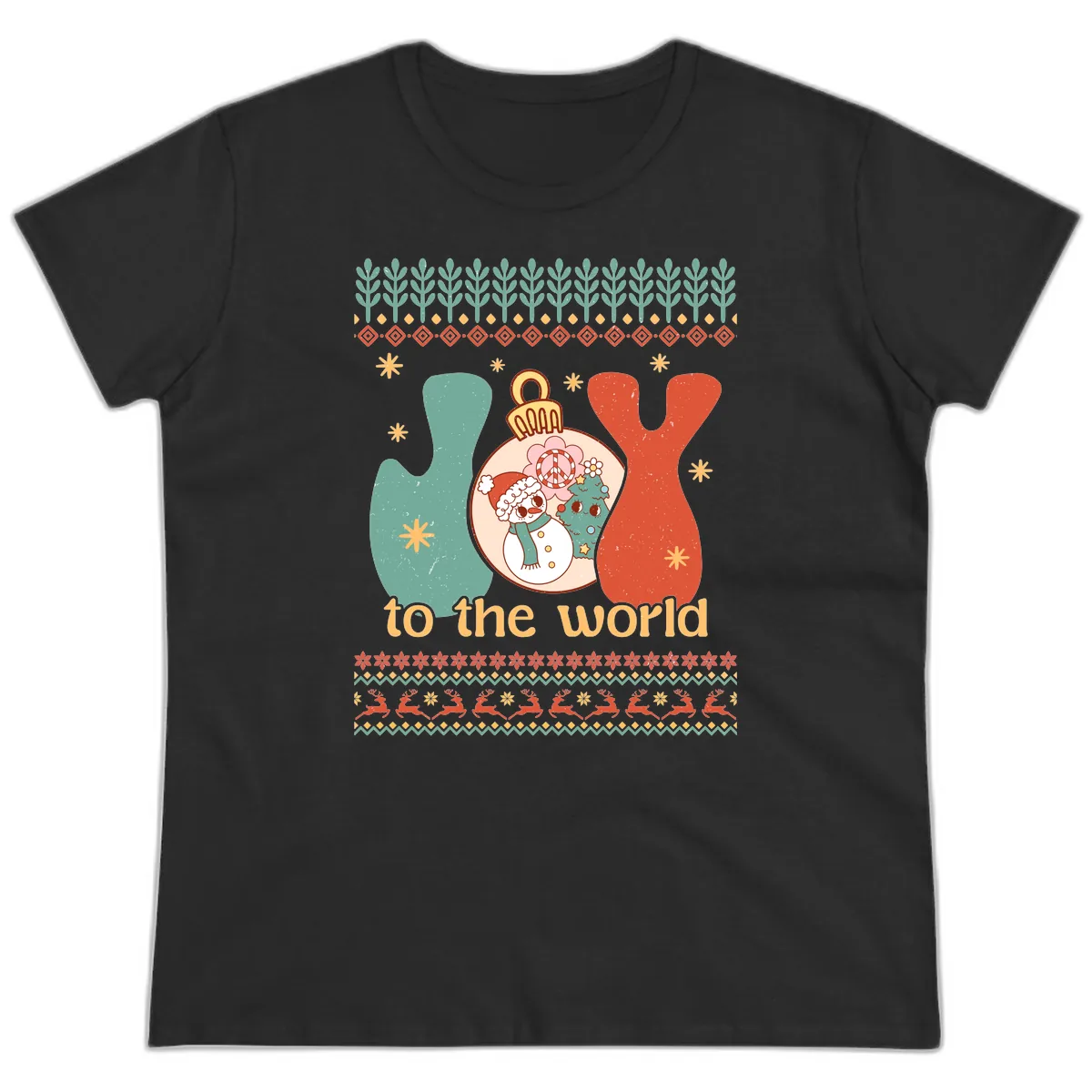 Retro Joy To The World Holiday Ladies Tee in Black