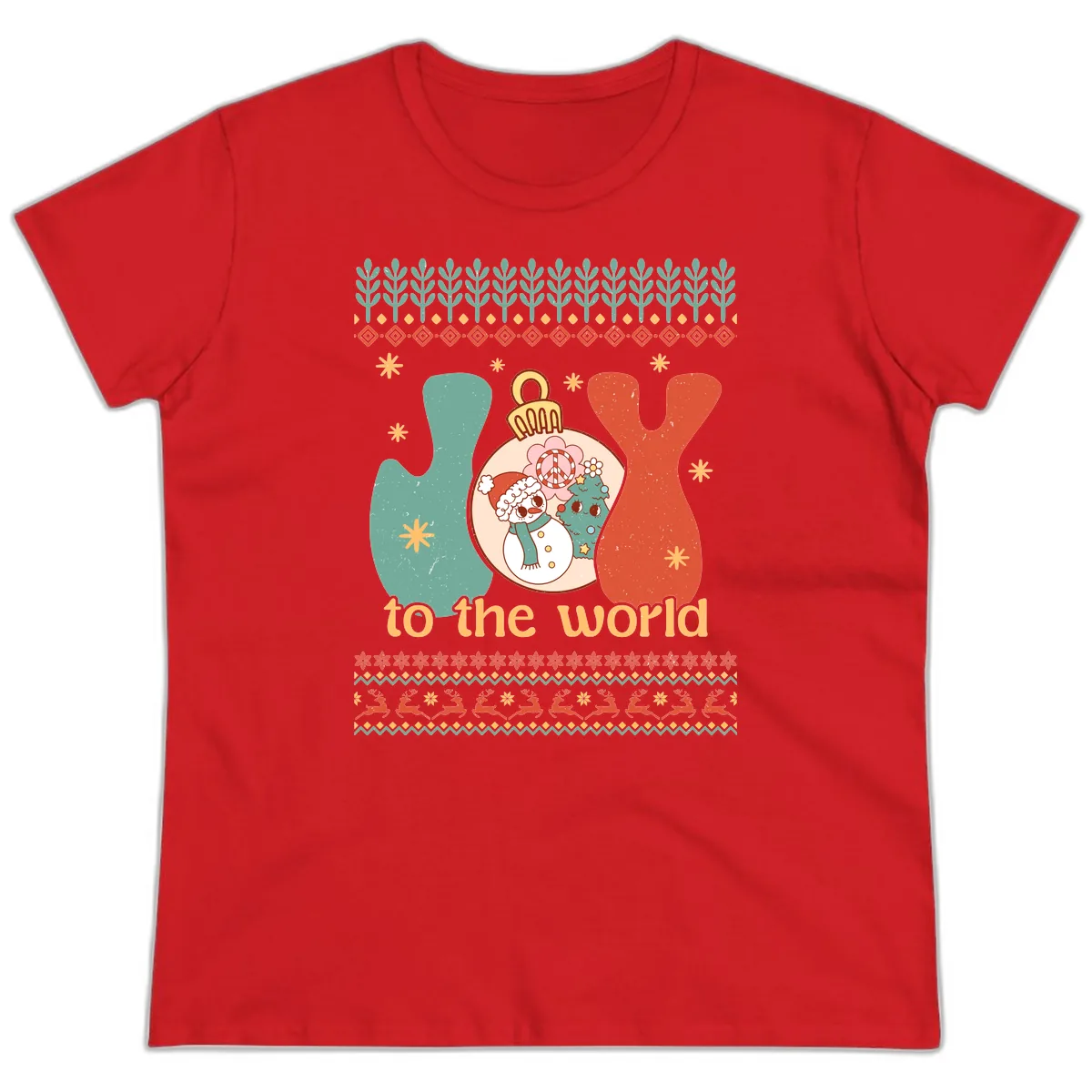 Retro Joy To The World Holiday Ladies Tee in Red