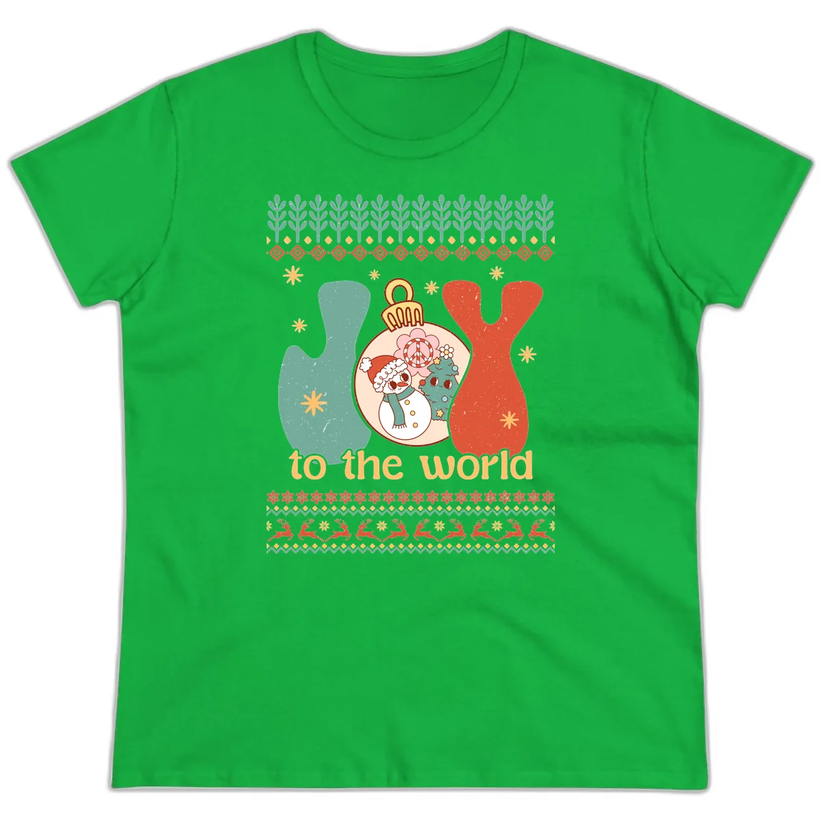 Retro Joy To The World Holiday Ladies Tee in Irish Green