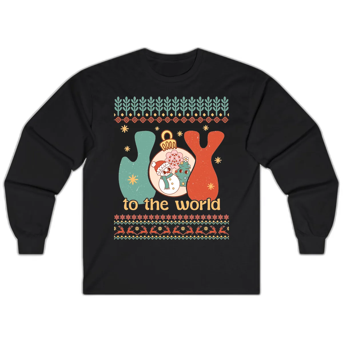 Retro Joy To The World Holiday Long Sleeve in Black