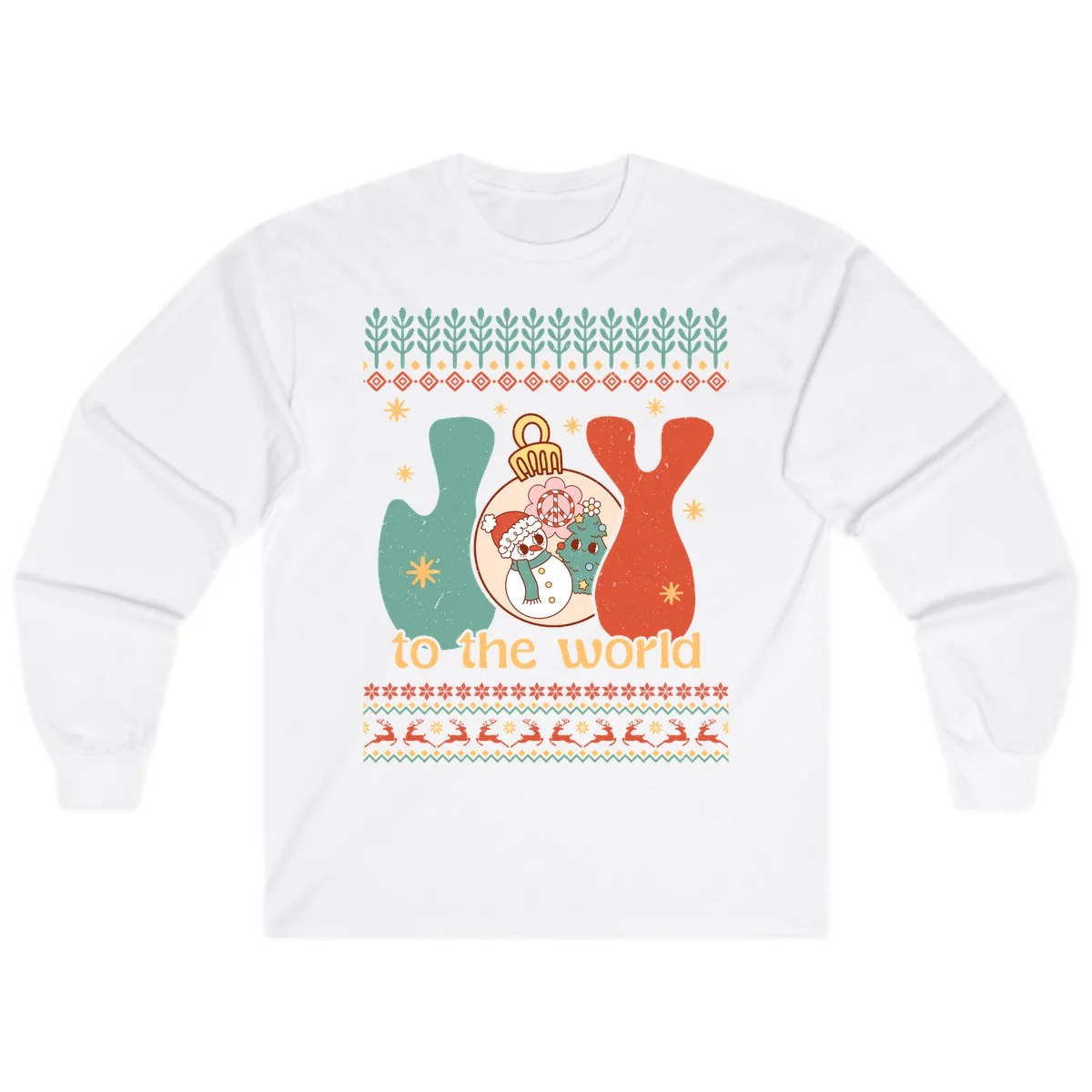 Retro Joy To The World Holiday Long Sleeve in White